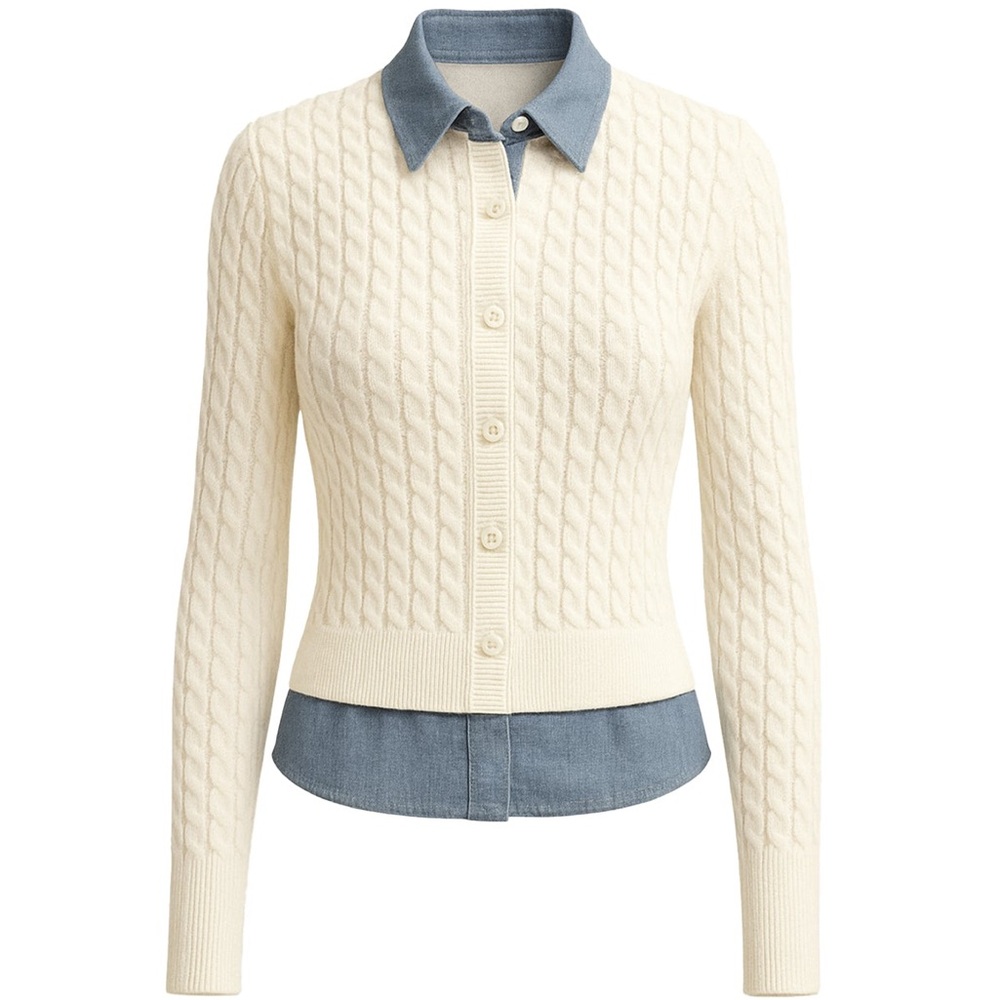 New Rivir Women’s Josette Mixed Media Cable Knit Cream Cardigan Sweater Large